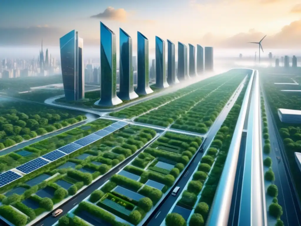 Metrópolis futurista: innovación y sostenibilidad en arquitectura verde Vista futurista de una ciudad sostenible con tecnologías verdes avanzadas