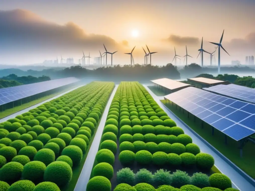 Cityscape futurista: arquitectura sostenible y naturaleza Vista futurista de una ciudad sostenible con tecnologías verdes, como paneles solares y turbinas eólicas