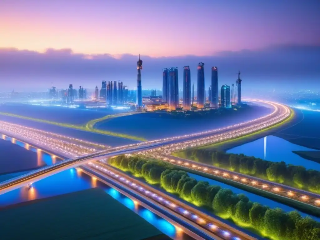 Metrópolis sostenible del futuro: innovación ecoamigable Vista futurista de una ciudad sostenible al anochecer, con edificios verdes y energía renovable