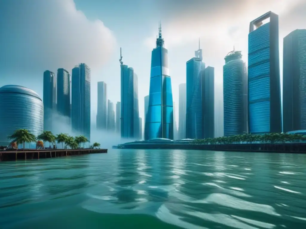 Metrópolis futurista afectada por cambio climático Vista futurista de ciudad con rascacielos parcialmente sumergidos por el mar, mostrando el impacto de cambios climáticos en impuestos