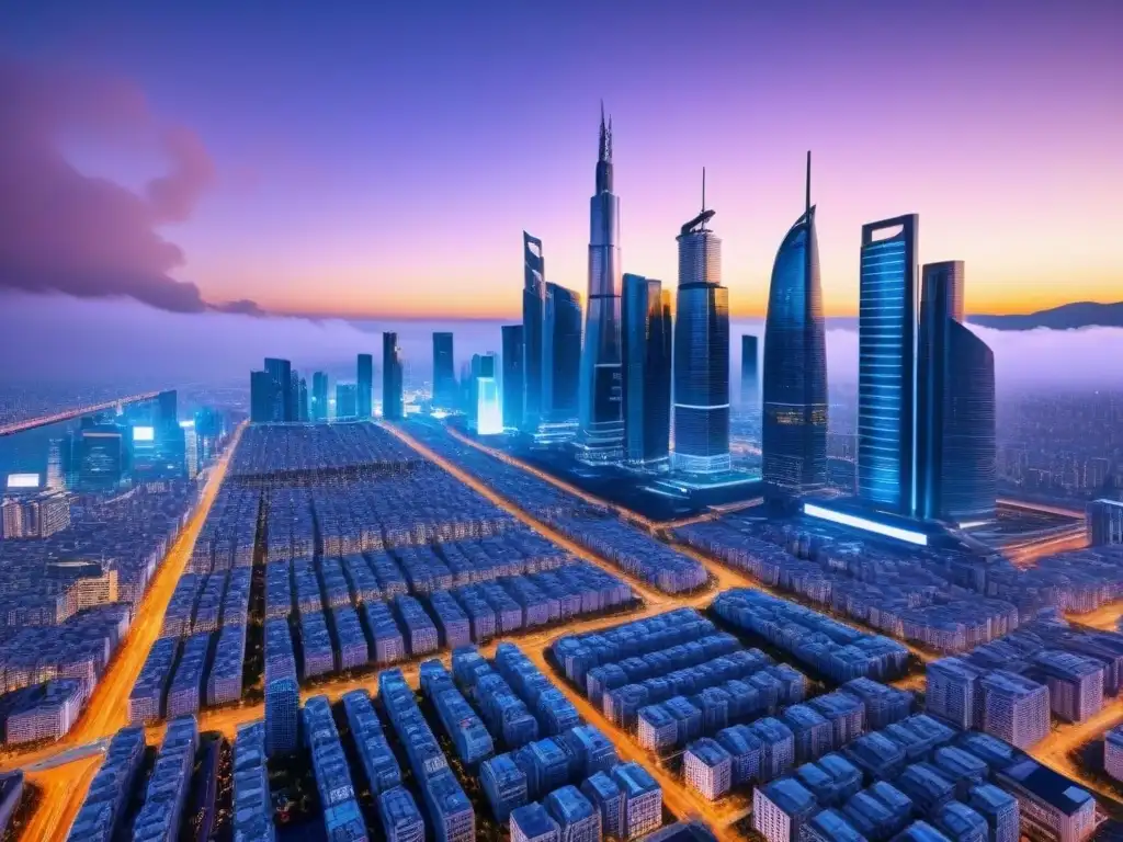 Metrópolis futurista: innovación y transparencia en inversión inmobiliaria Vista futurista de una ciudad al anochecer con tecnología en inversiones inmobiliarias