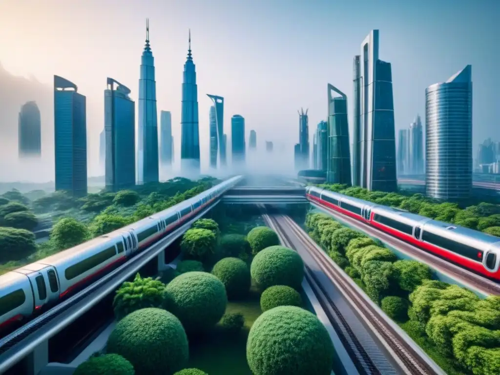 Metrópolis futurista con tecnología avanzada y naturaleza exuberante Vista futurista de ciudad con tecnología en finanzas inmobiliarias futuras