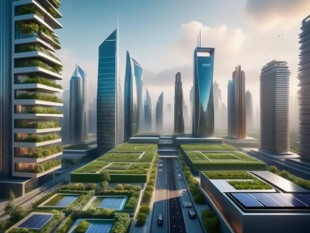 Metrópolis futurista: Edificios inteligentes y sostenibles en blockchain Vista futurista de ciudad con tecnología en finanzas inmobiliarias futuras