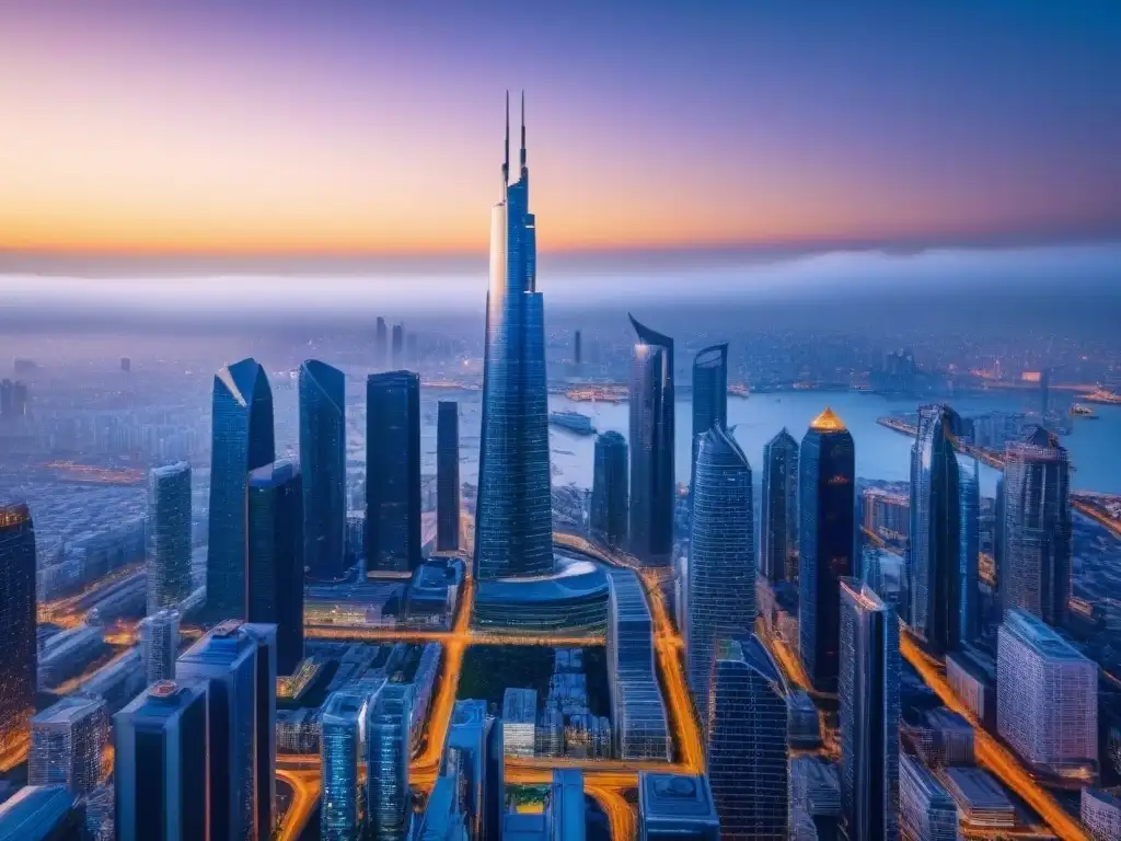 Metrópolis futurista: transacciones inmobiliarias en blockchain Vista futurista de una ciudad con tecnología Blockchain en Titulación Propiedad