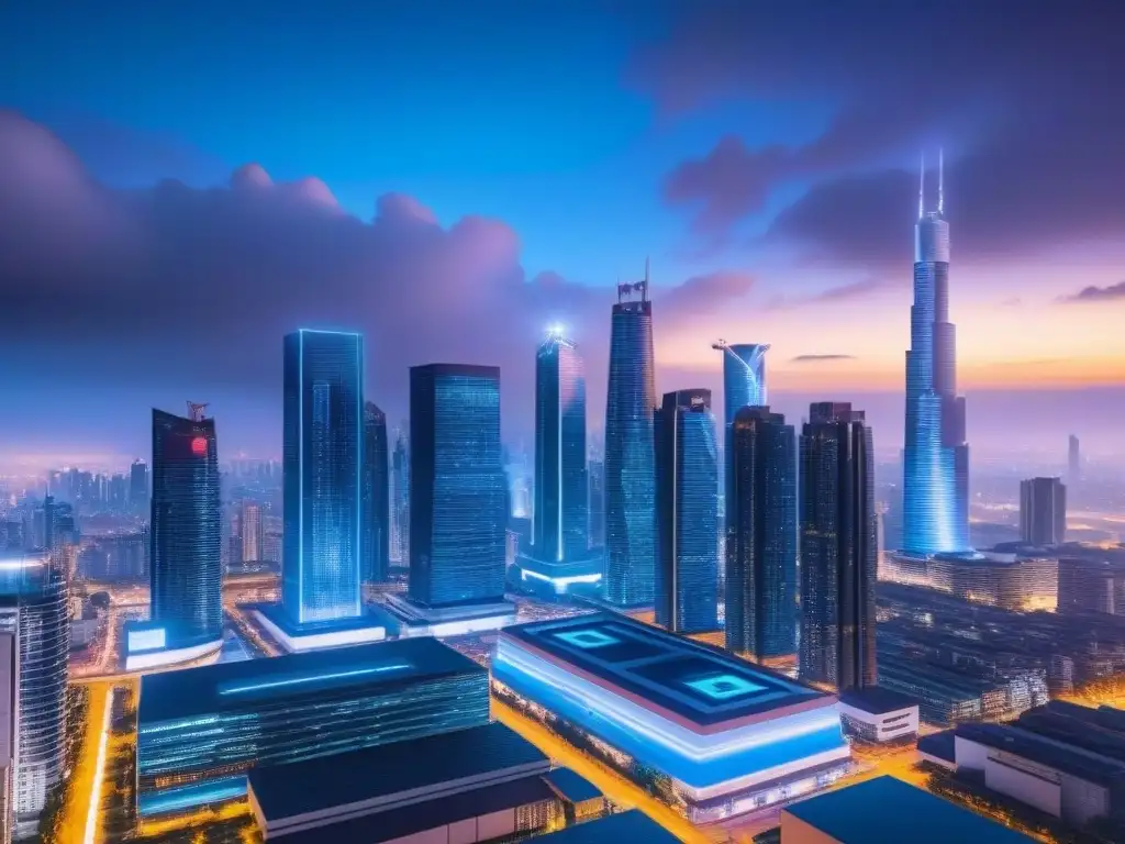 Skyline futurista con blockchain en tiempo real Vista futurista de una ciudad con tecnología blockchain en el mercado inmobiliario