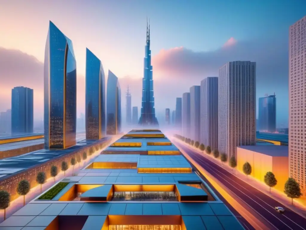 Ciudad futurista con tecnología blockchain integrada Vista futurista de la ciudad con tecnología blockchain en mercado inmobiliario