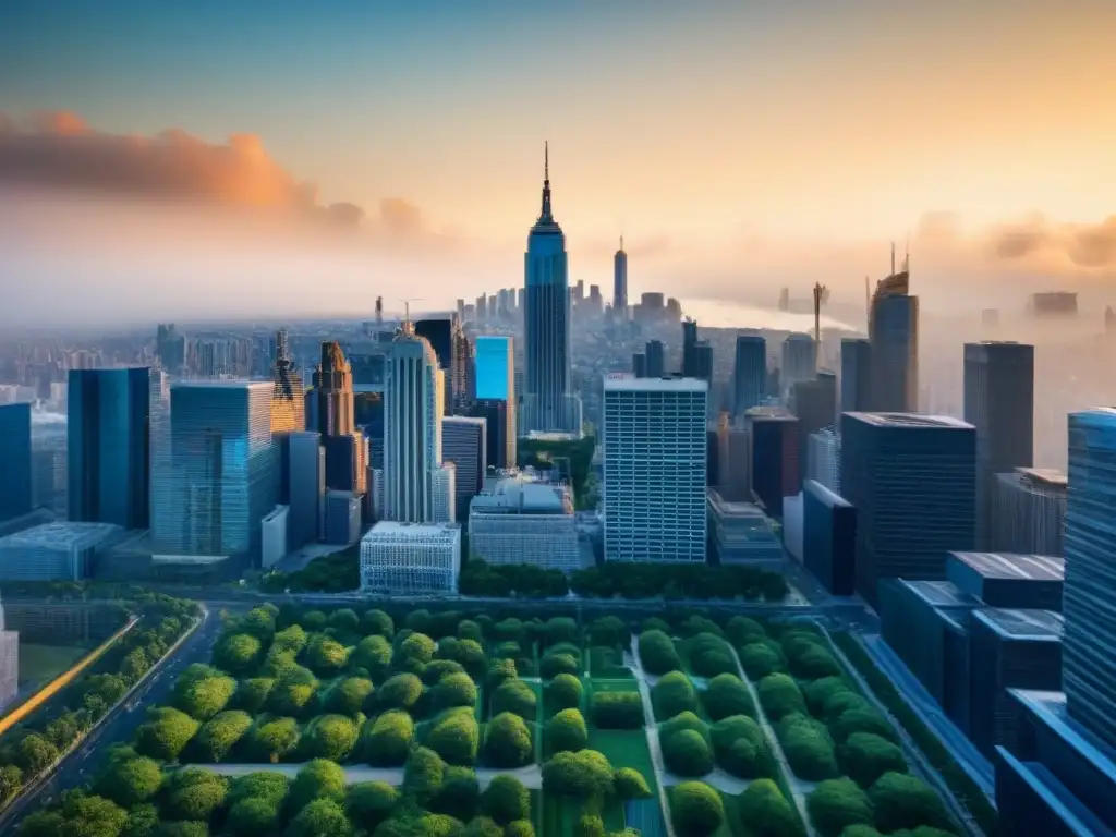 Visión futurista: Proptech y sostenibilidad en ciudad inteligente Vista futurista de la ciudad con tecnología Proptech para evaluación de riesgos