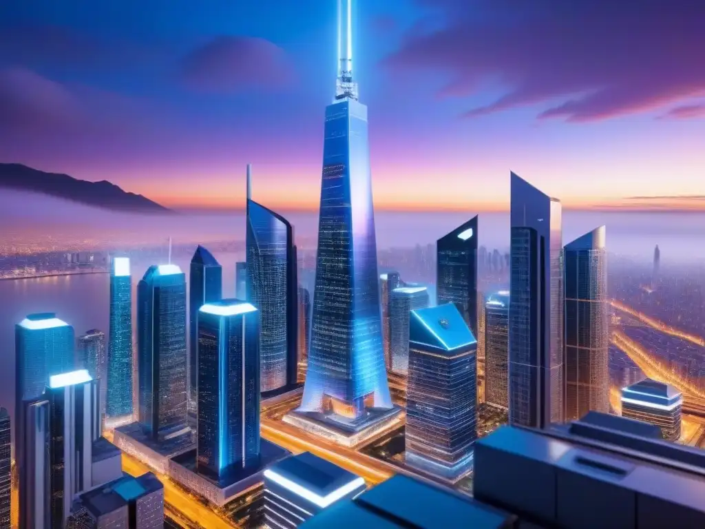 Metrópolis futurista: skyline 8k con IA y datos financieros Vista futurista de la ciudad al anochecer con tecnología avanzada e integración de IA en la gestión de riesgos préstamos inmobiliarios