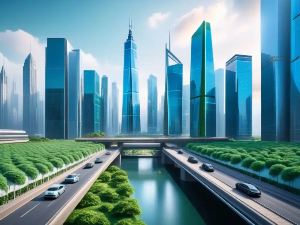 Futurismo financiero: Ciudad digital 8k innovadora Vista futurista de ciudad con tecnología financiamiento inmobiliario, integrando naturaleza y modernidad