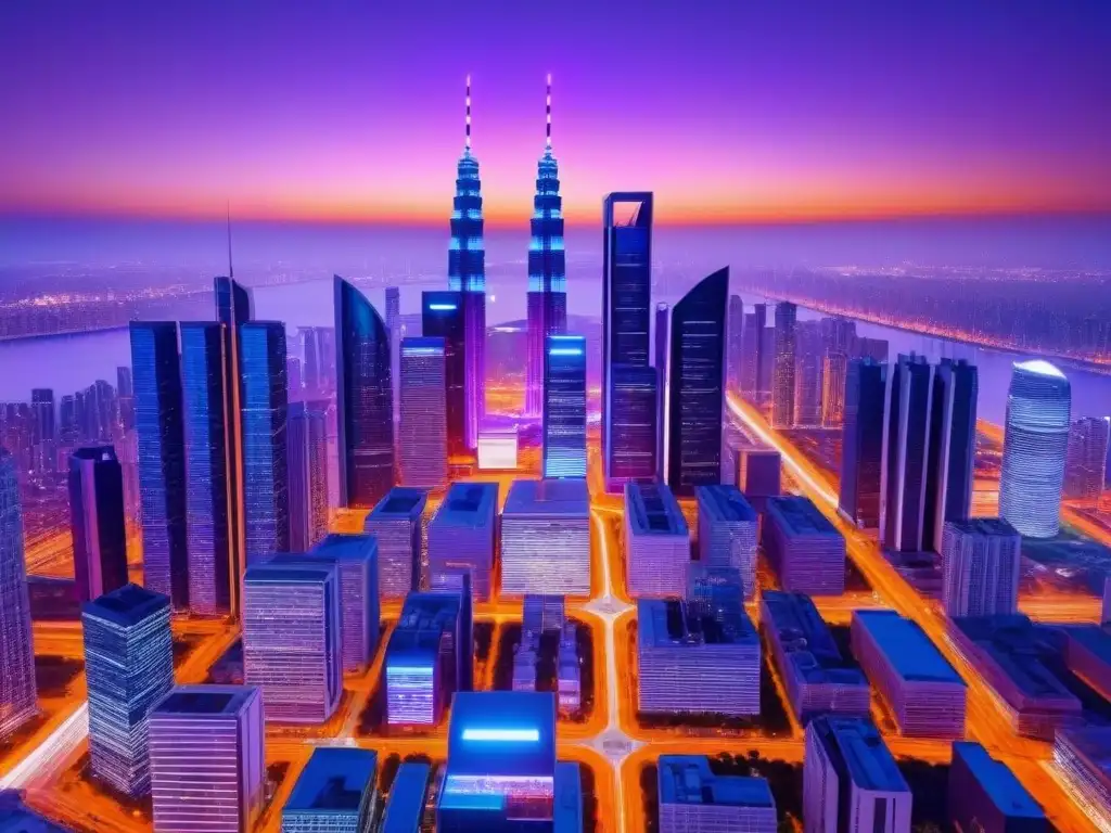 Metrópolis futurista: torres 5G iluminan la ciudad al anochecer Vista futurista de la ciudad al anochecer con torres 5G brillantes integradas en paisaje urbano