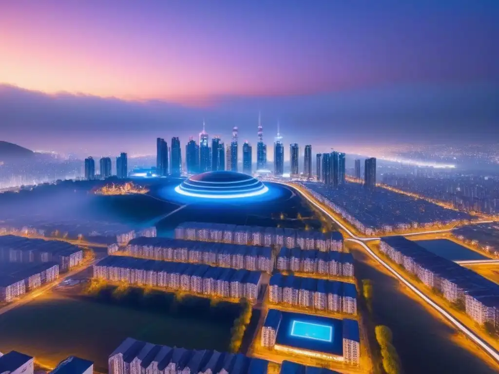 Avaluaciones inmobiliarias con drones AI: innovación futurista Vista futurista de drones con IA realizando tasaciones con precisión, rodeados de luces de neón y holografías
