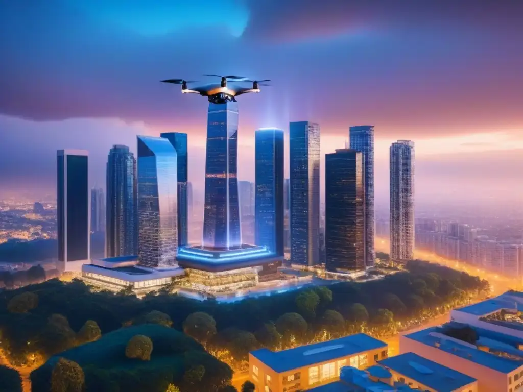 Metrópolis futurista: Drones AI valoran propiedades inmobiliarias Vista futurista de drones AI evaluando propiedades en la ciudad