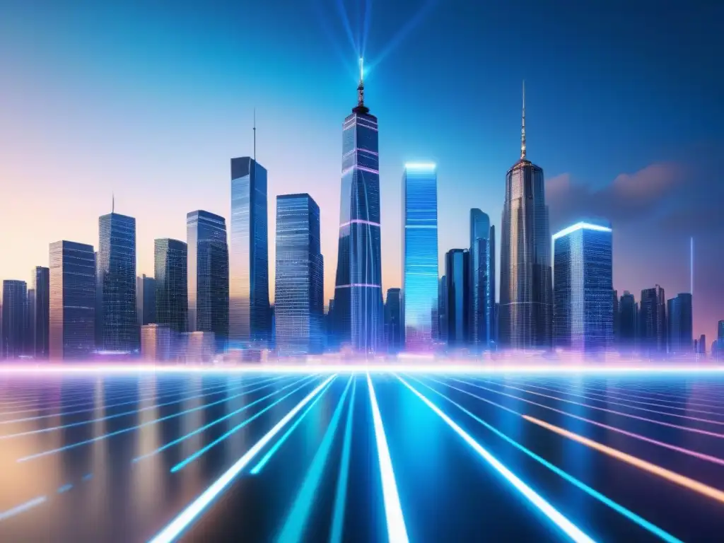 Skyline financiera digital del futuro 2023 Vista futurista de la integración de mercados financieros tradicionales y digitales en 2023 con productos financieros híbridos