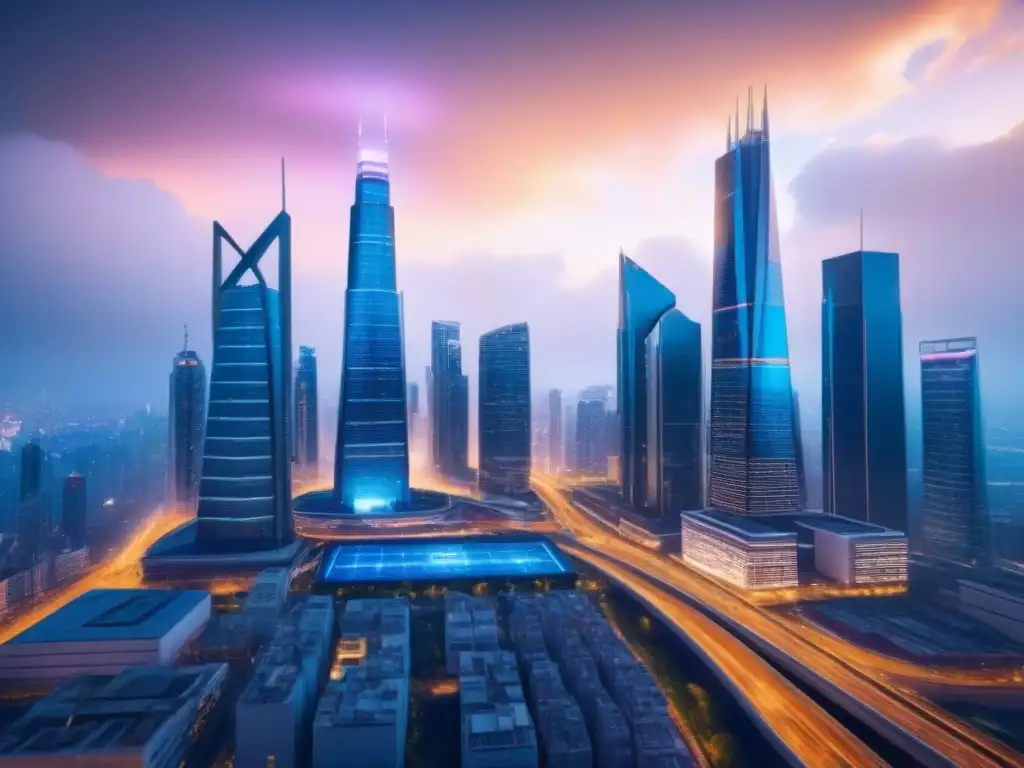 Metrópolis futurista: tecnología financiera en bienes raíces Vista futurista de la integración de tecnología financiera en edificios de una ciudad, destacando regulaciones financiamiento inmobiliario fintech