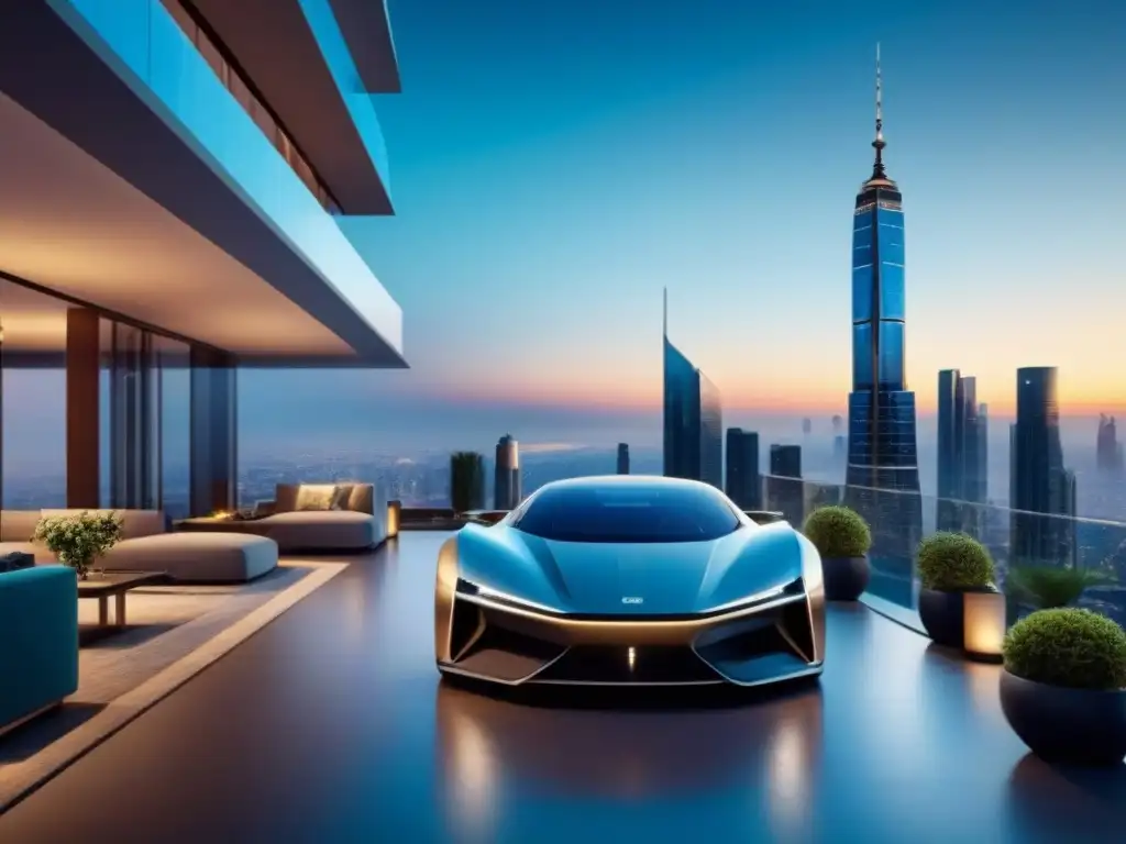 Escena futurista de lujo: inversores en mercado inmobiliario Vista futurista del mercado de propiedades de lujo, con rascacielos, autos eléctricos y personas discutiendo inversiones