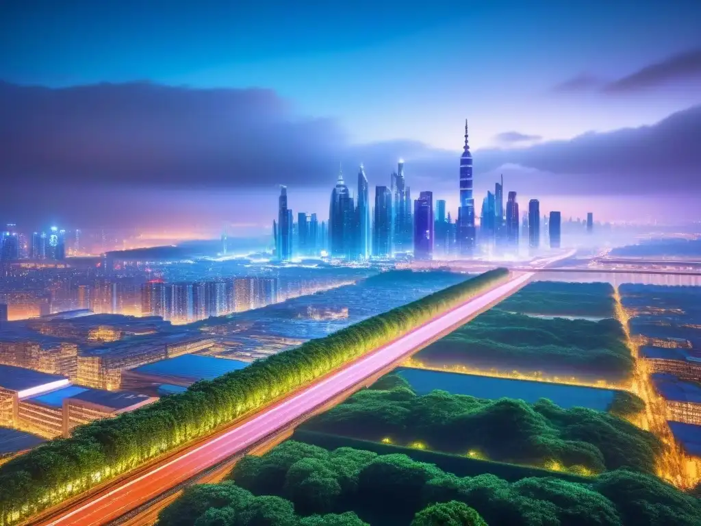 Metrópolis ultramoderna: IA revoluciona el sector inmobiliario Vista futurista de una metrópolis high-tech con tasaciones automáticas inteligencia artificial
