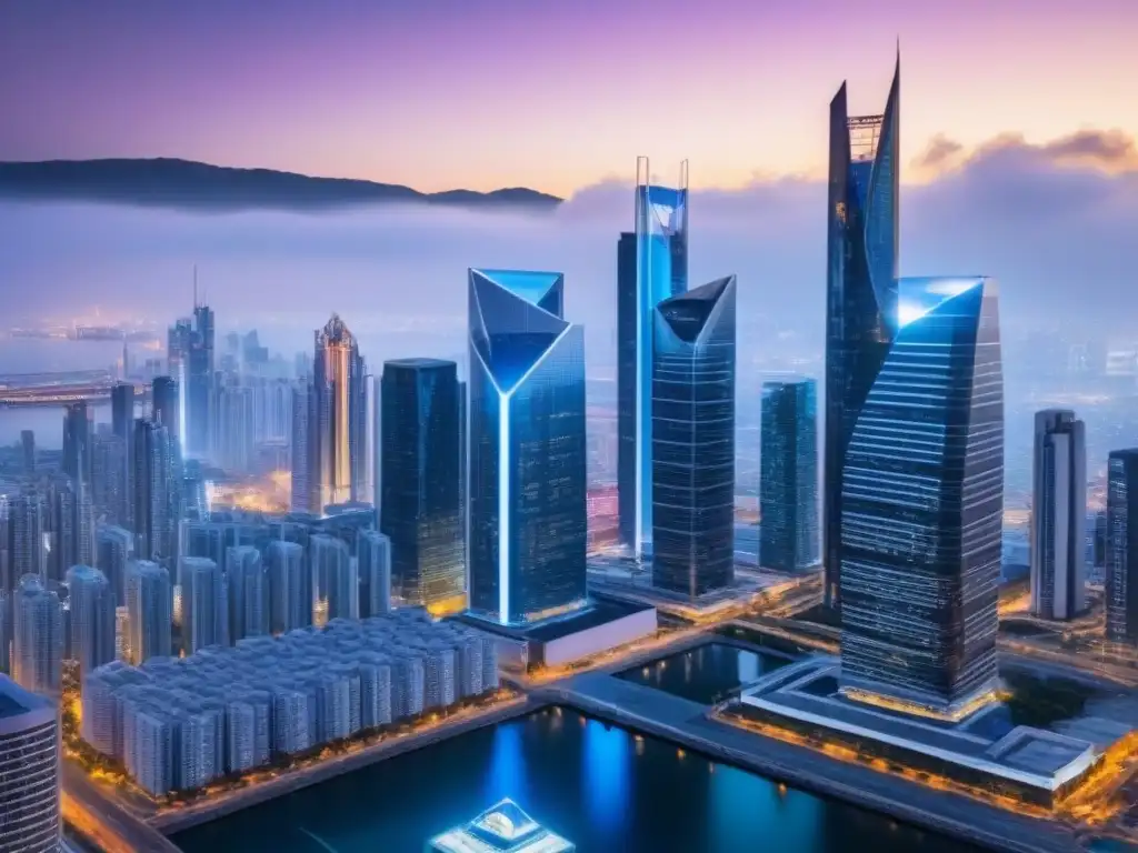Real Estate en Blockchain: Futurista Ciudad Nocturna Vista futurista nocturna de una ciudad con transacciones inmobiliarias en blockchain y rascacielos