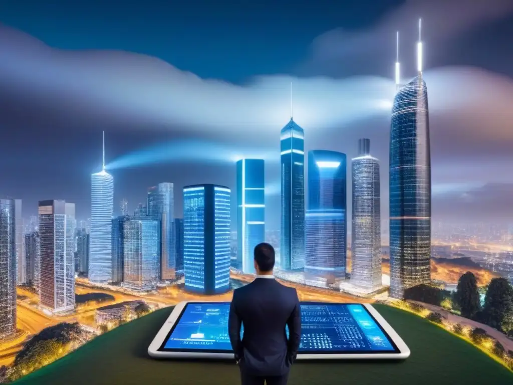 Metropolis futurista: transacciones inmobiliarias en blockchain Vista futurista nocturna de ciudad con rascacielos iluminados por tecnología Blockchain en transacciones inmobiliarias