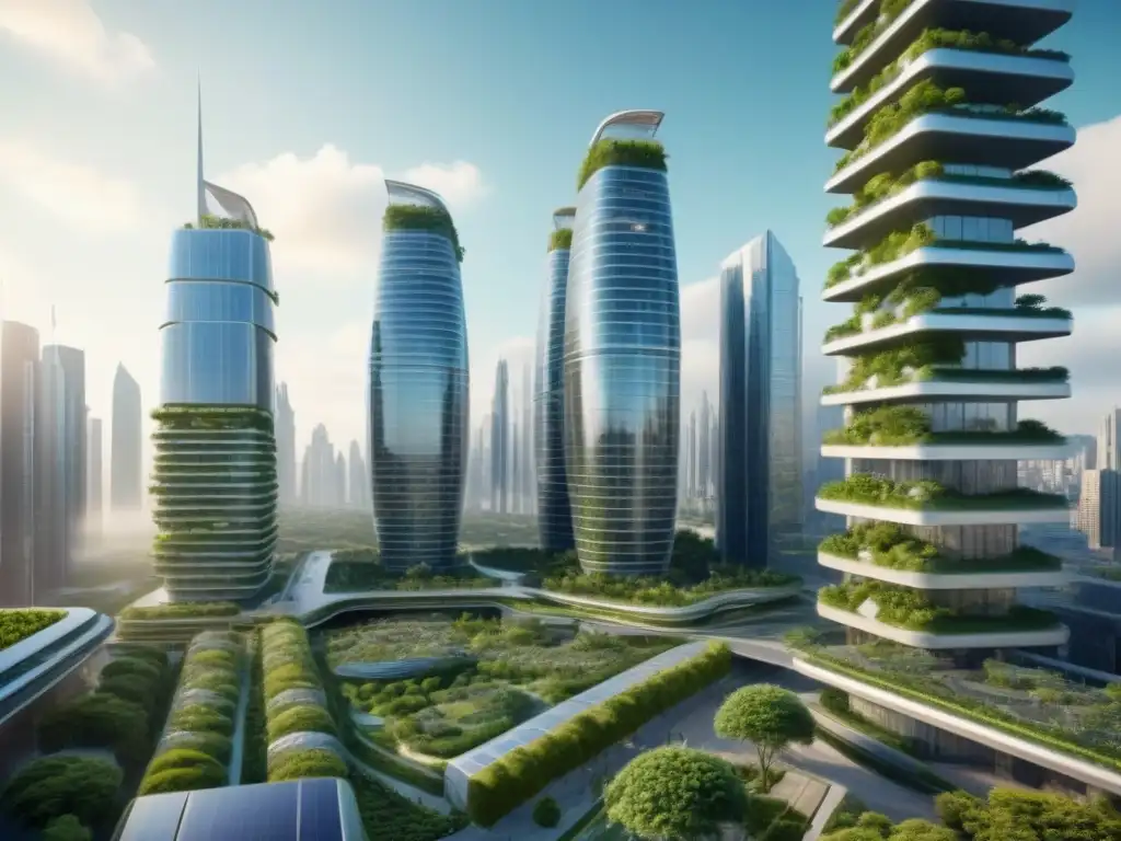 Metrópolis sostenible: Futuro urbano verde y tecnológico Vista futurista de prácticas verdes en gestión inmobiliaria con rascacielos ecológicos y jardines verticales