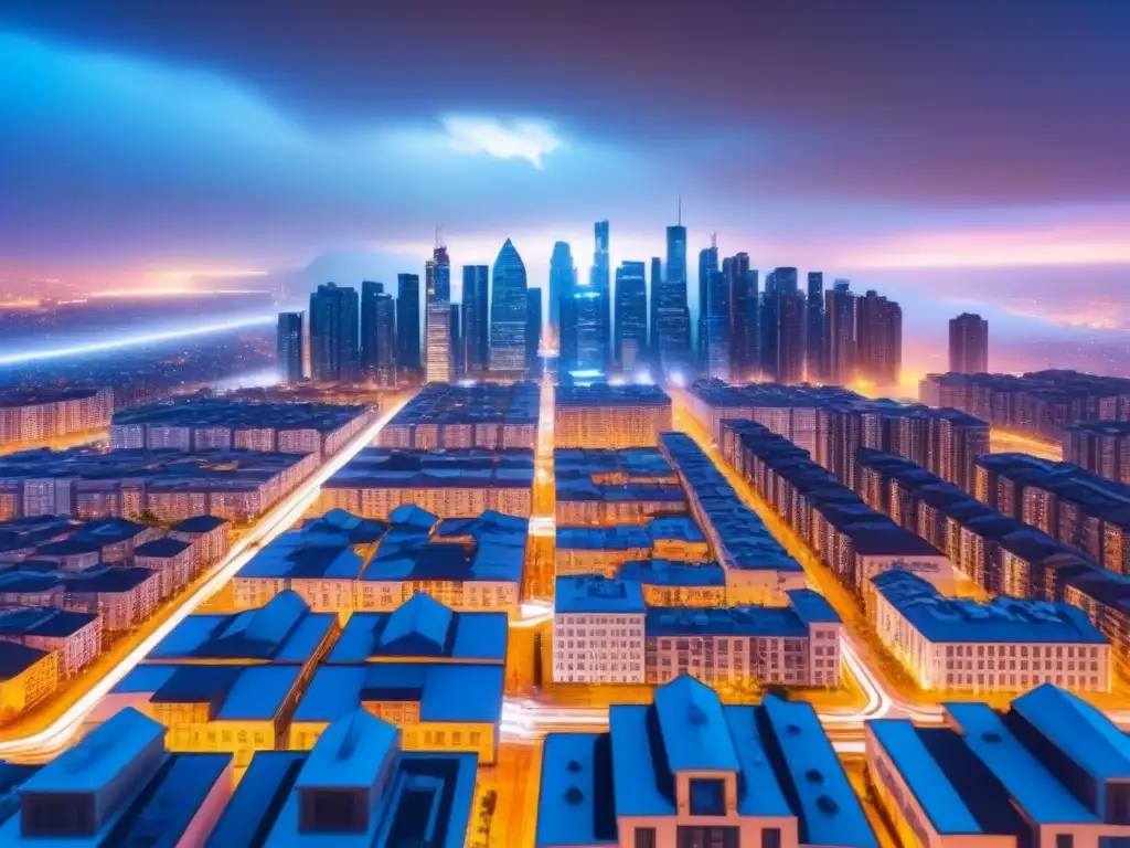 Metropolis futurista: IA para gestión de riesgos en préstamos hipotecarios Vista futurista de la gestión de riesgos en préstamos inmobiliarios con inteligencia artificial