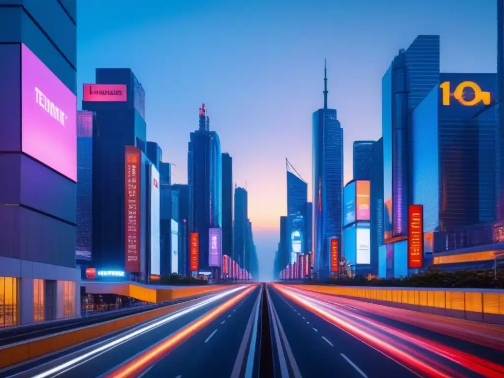 Innovación inmobiliaria: ciudad futurista al anochecer Vista futurista urbana al anochecer, con rascacielos brillantes y sistemas de transporte avanzados, iluminados por luces de neón y carteles digitales