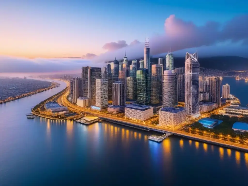 Espectacular ciudad moderna iluminada al anochecer Vista aérea hipnotizante de una ciudad vibrante al anochecer