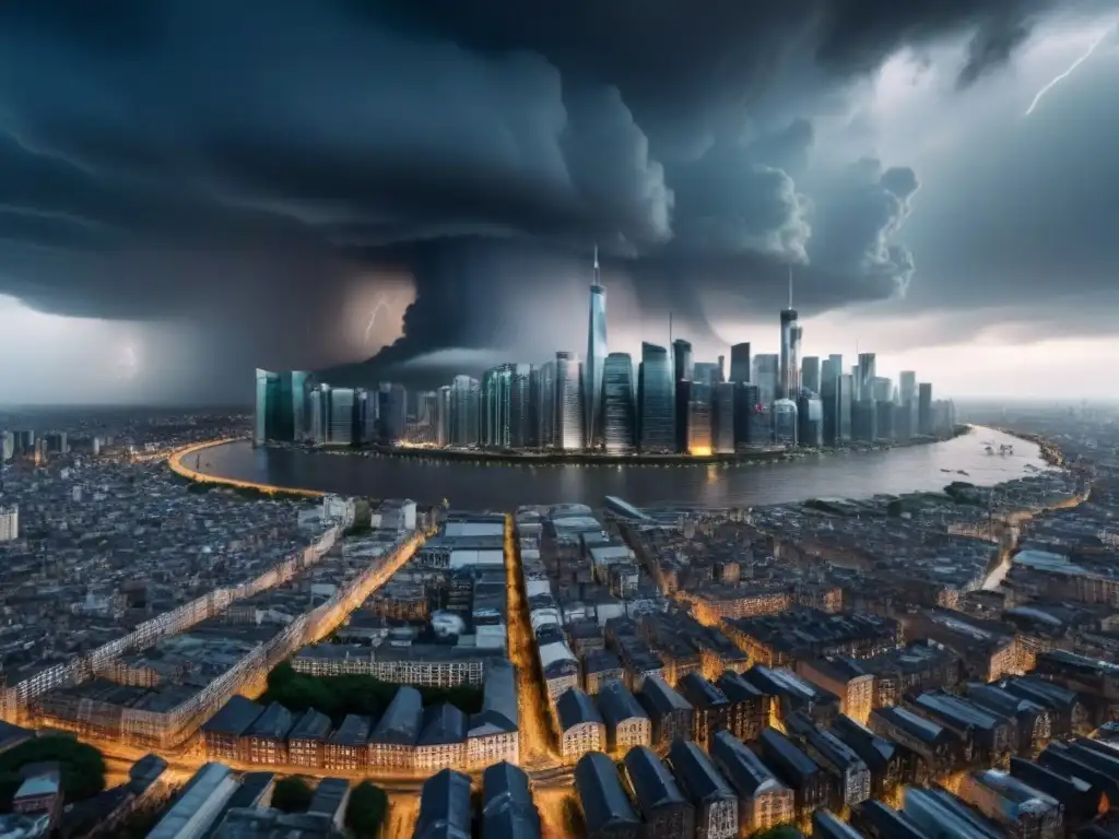 Contraste urbano: ciudad vibrante ante desastres naturales Vista impactante de la ciudad con rascacielos, nubes de tormenta y riesgos naturales inmobiliarios