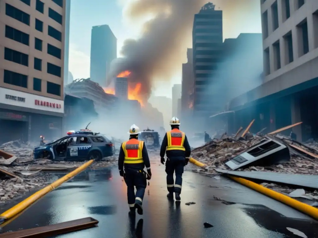 Devastador terremoto: rescate en ciudad destrozada Vista impactante de ciudad tras terremoto, con rascacielos caídos, escombros y rescatistas