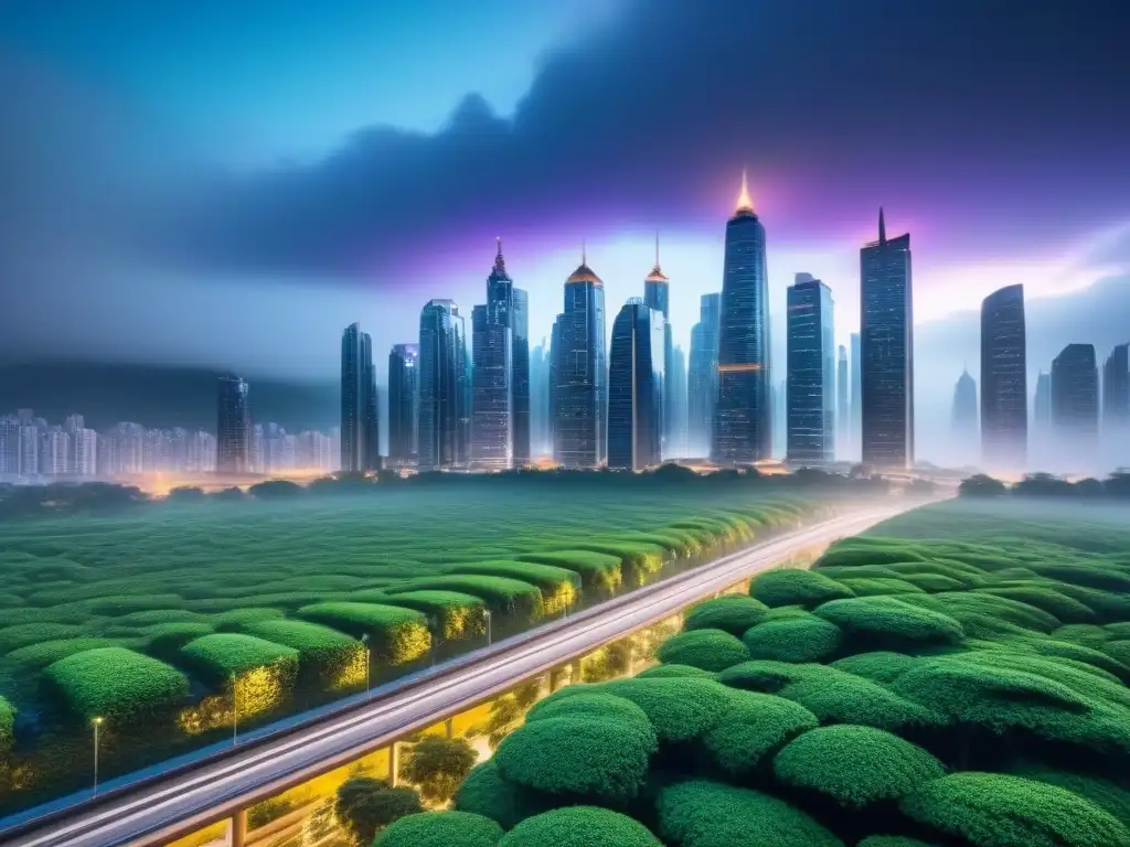 Metrópolis futurista: ciudad innovadora y sostenible en 8k Vista impresionante de una ciudad futurista con rascacielos modernos rodeados de vegetación, tecnología avanzada y planificación urbana sostenible