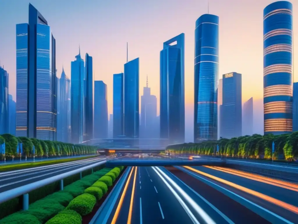 Horizonte futurista al atardecer: rascacielos y naturaleza en armonía Vista impresionante de una ciudad futurista al anochecer, resaltando rascacielos y naturaleza