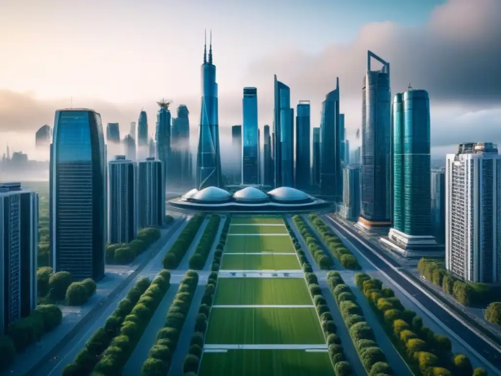 Metrópolis futurista: diseño arquitectónico avanzado y tecnología inteligente en una ciudad vanguardista Vista impresionante de una ciudad futurista con rascacielos modernos y avanzada infraestructura, reflejando un ambiente urbano sofisticado