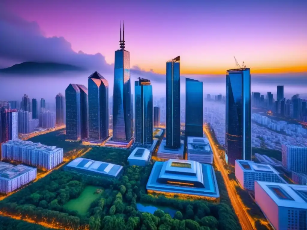 Vista impresionante de una ciudad futurista al anochecer, con rascacielos relucientes y luces neón, rodeados de vegetación exuberante