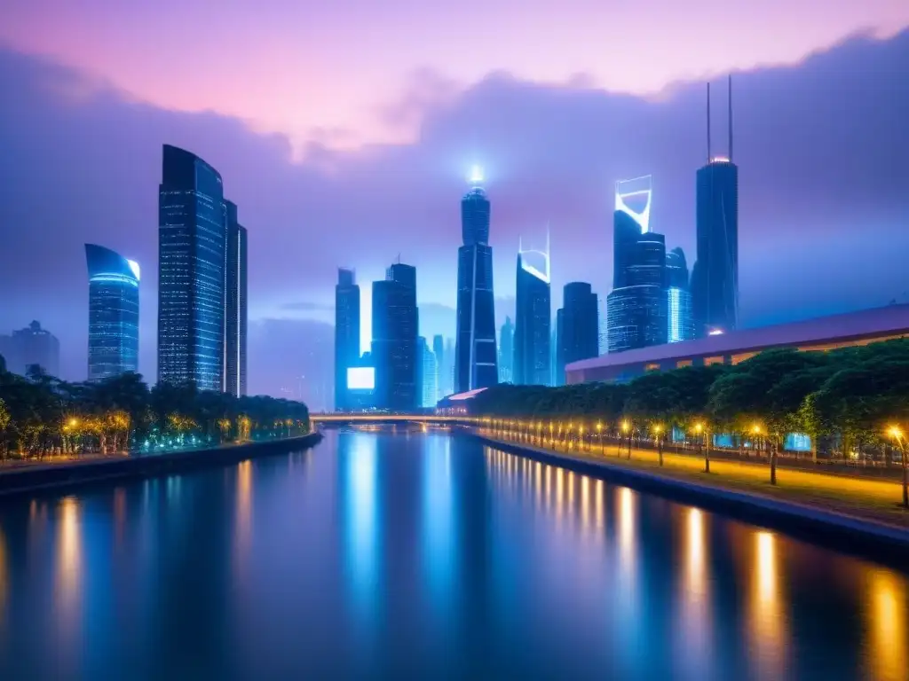 Horizonte urbano futurista: luces y progreso en la ciudad cosmopolita Vista impresionante de una ciudad futurista al anochecer, con rascacielos brillantes reflejados en un río