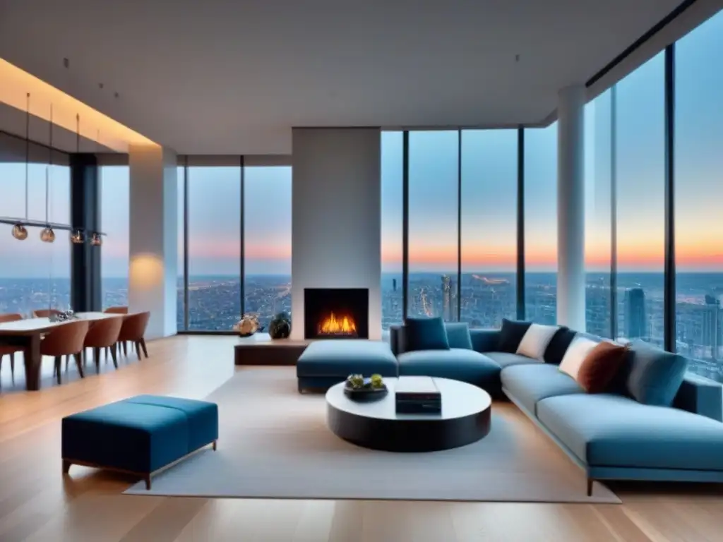 Sala de estar de lujo con vista panorámica a la ciudad Vista impresionante de la ciudad desde lujoso salón