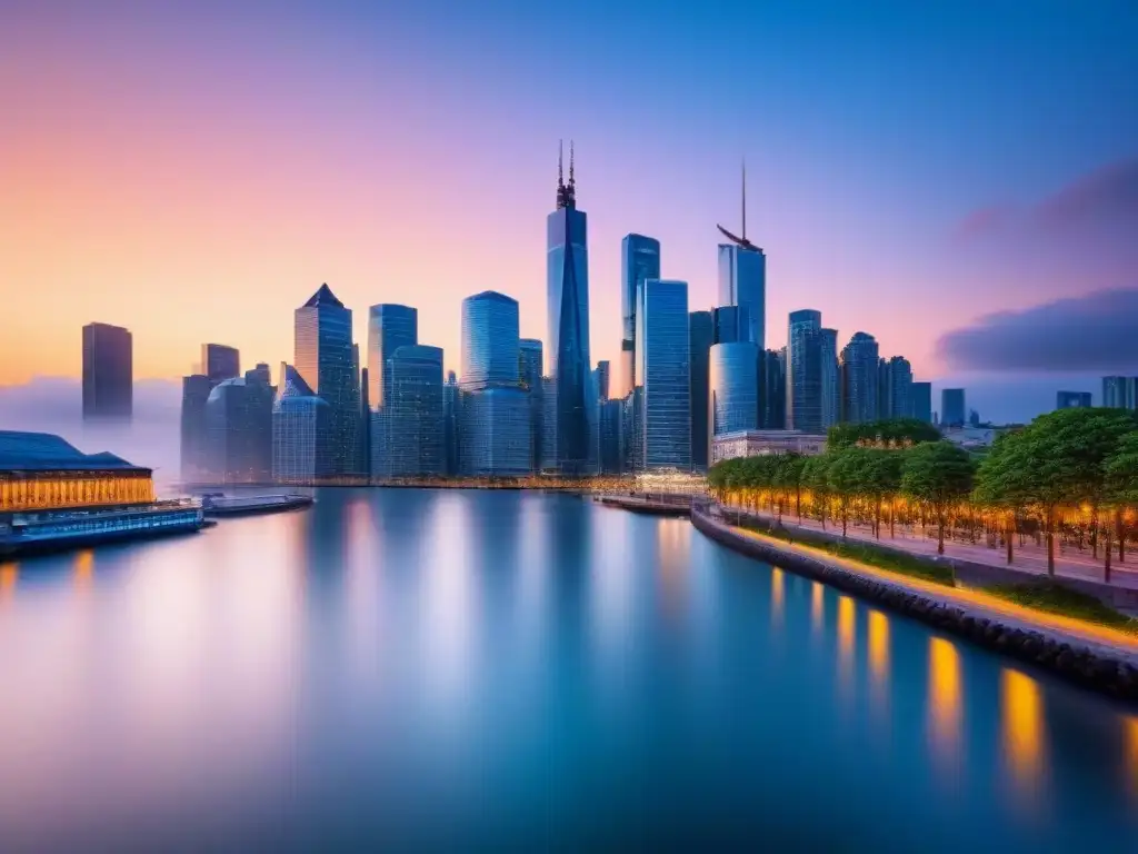 Vista impresionante de un distrito financiero moderno al anochecer, reflejado en un río, evocando sofisticación e innovación en la industria inmobiliaria