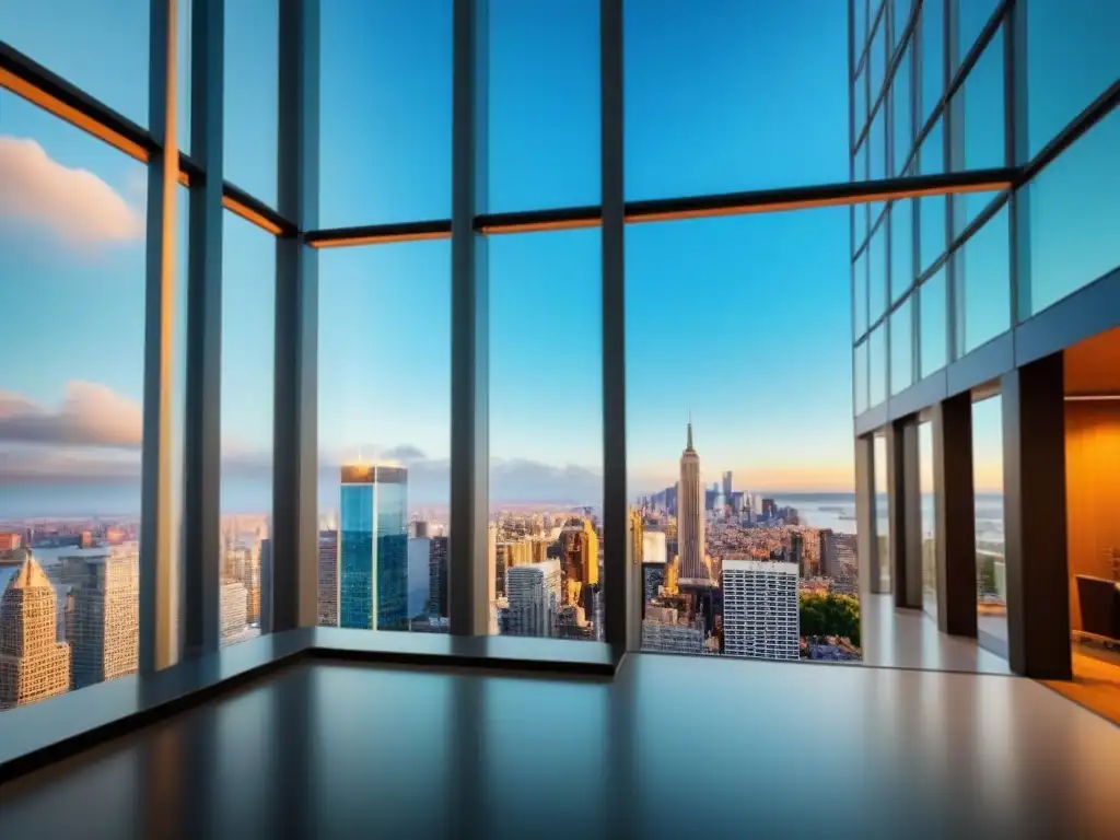 Edificio moderno en ciudad financiera vibrante Vista impresionante de edificio moderno con ventanas de piso a techo reflejando la ciudad