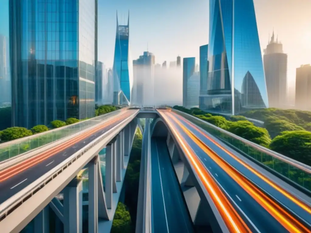 Puente de cristal entre rascacielos futuristas: innovación urbana Vista 8k impresionante de un puente de cristal entre rascacielos futuristas, reflejando la luz del sol