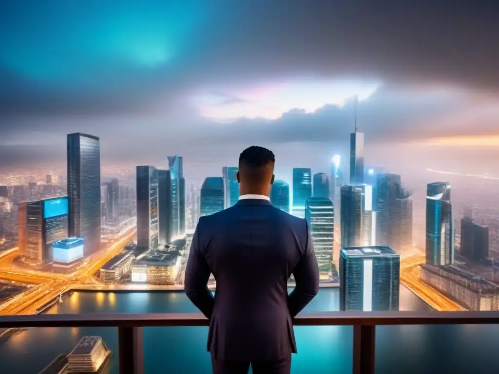 Rascacielos de lujo en metrópolis: inversión global y tipos de cambio 'Vista impresionante de rascacielos lujosos en una ciudad bulliciosa, reflejando la importancia del tipo de cambio en la inversión inmobiliaria global