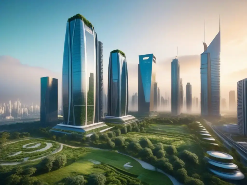 Vista inolvidable de una ciudad futurista con rascacielos y naturaleza, reflejando equilibrio entre urbanismo y ambiente