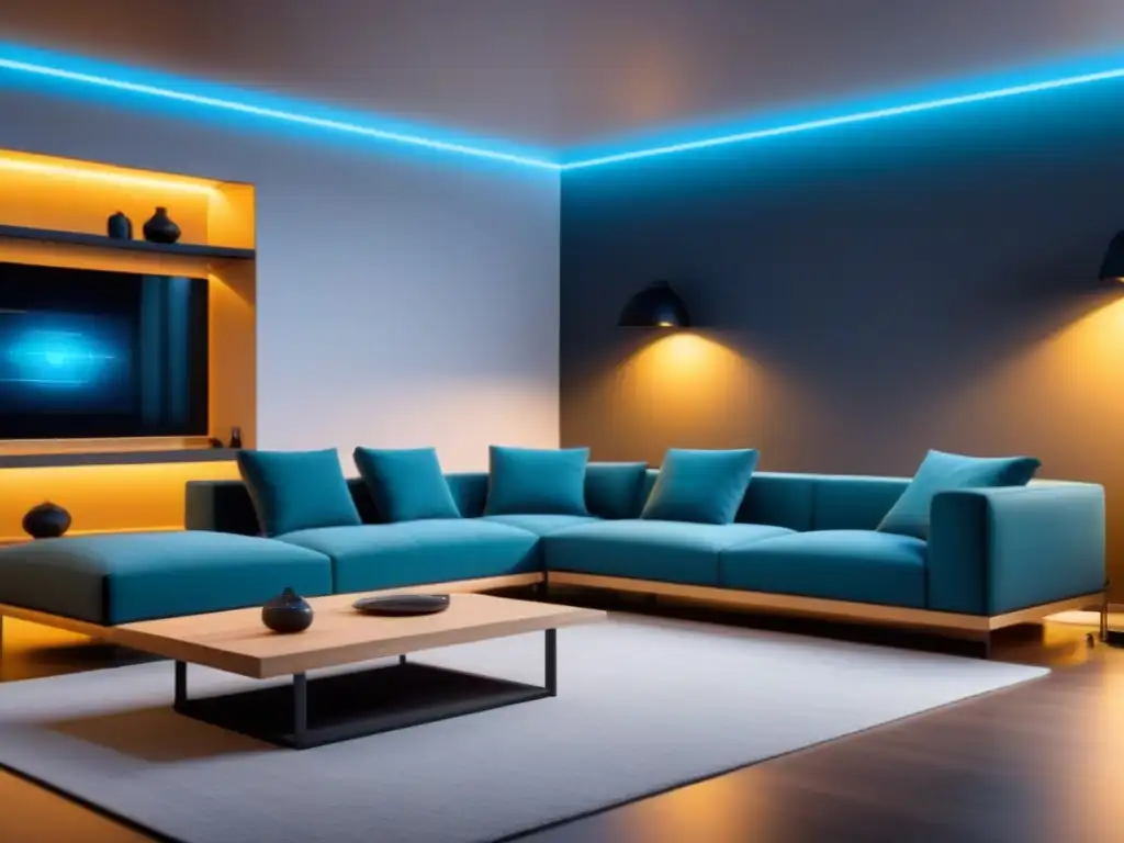 Vista interior futurista de una casa inteligente con tecnología IoT para gestionar propiedades inmobiliarias