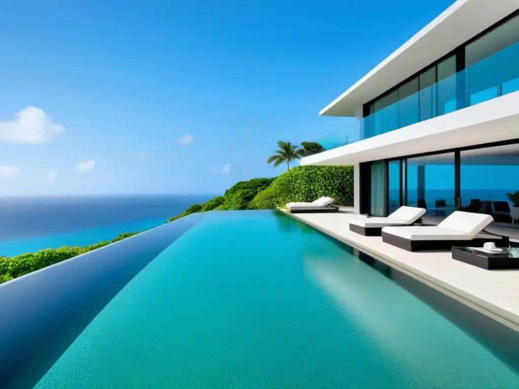 Propiedad de lujo: diseño contemporáneo con vista al mar Vista lujosa de propiedad moderna con piscina infinita y paisaje exuberante