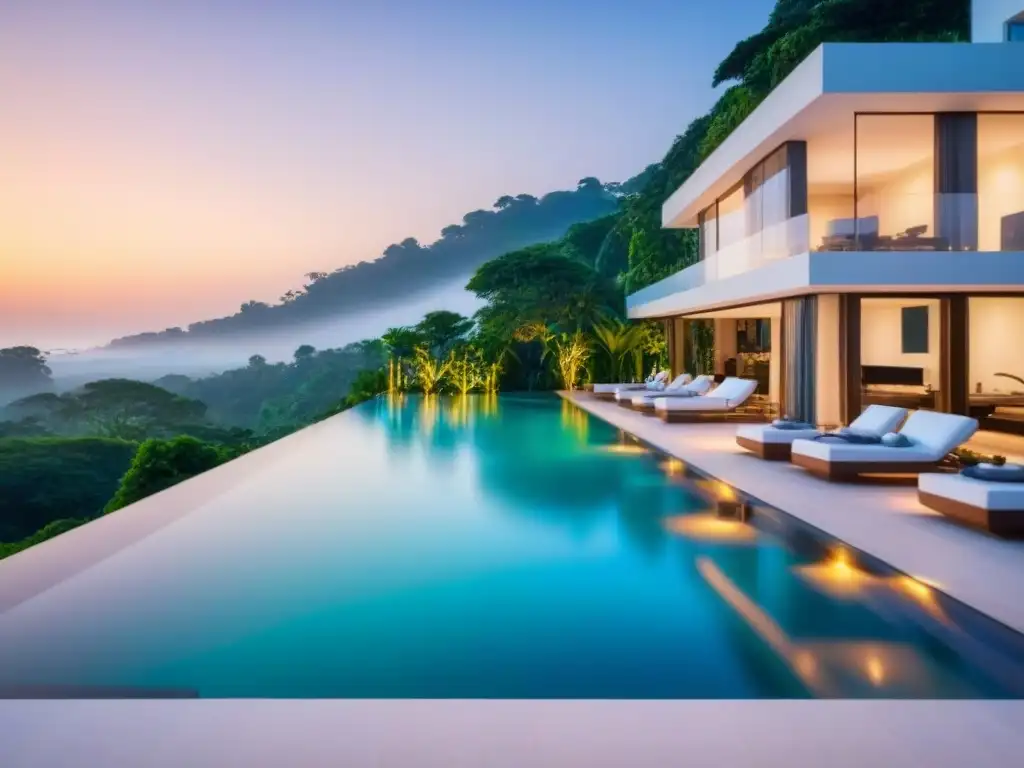 Residencia de lujo con piscina infinita y diseño arquitectónico moderno Vista de mansión moderna de lujo con piscina infinita y jardines, ideal para visitas a propiedades de lujo