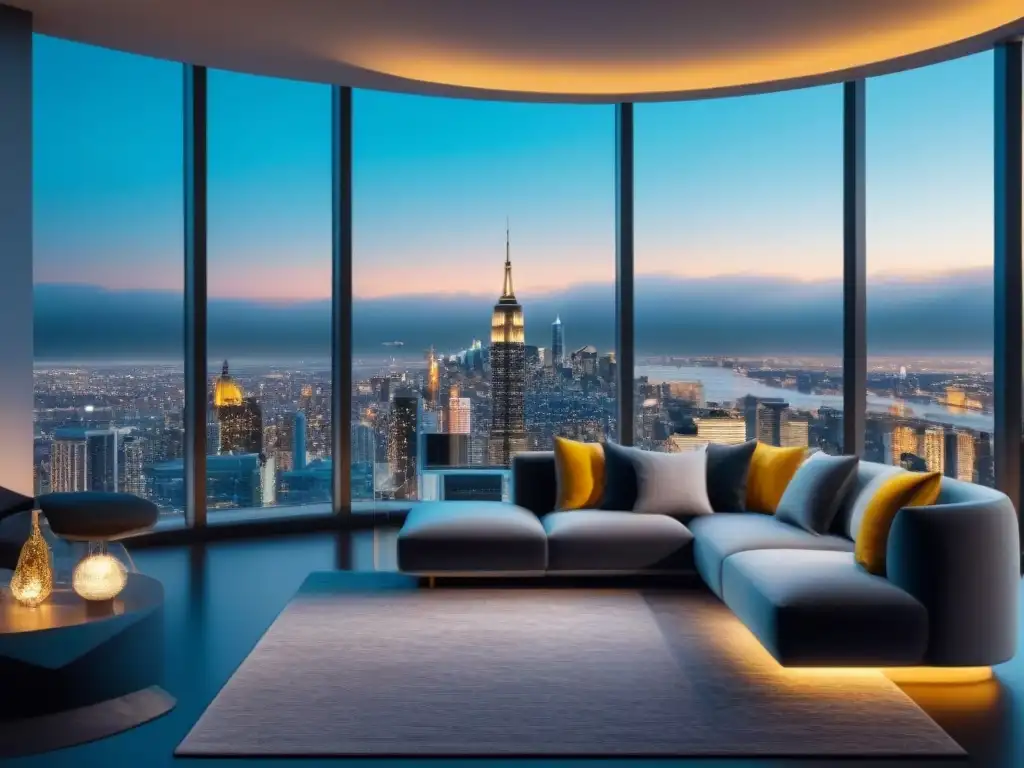 Penthouse de lujo en ciudad nocturna: refinanciamiento inmobiliario Vista nocturna de ático lujoso con decoración elegante y moderna