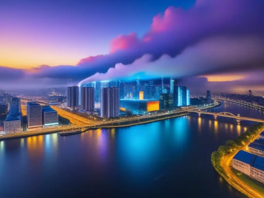 Horizonte urbano iluminado: metrópolis moderna junto al río Vista nocturna de una ciudad bulliciosa con rascacielos iluminados por luces coloridas, reflejándose en un río tranquilo