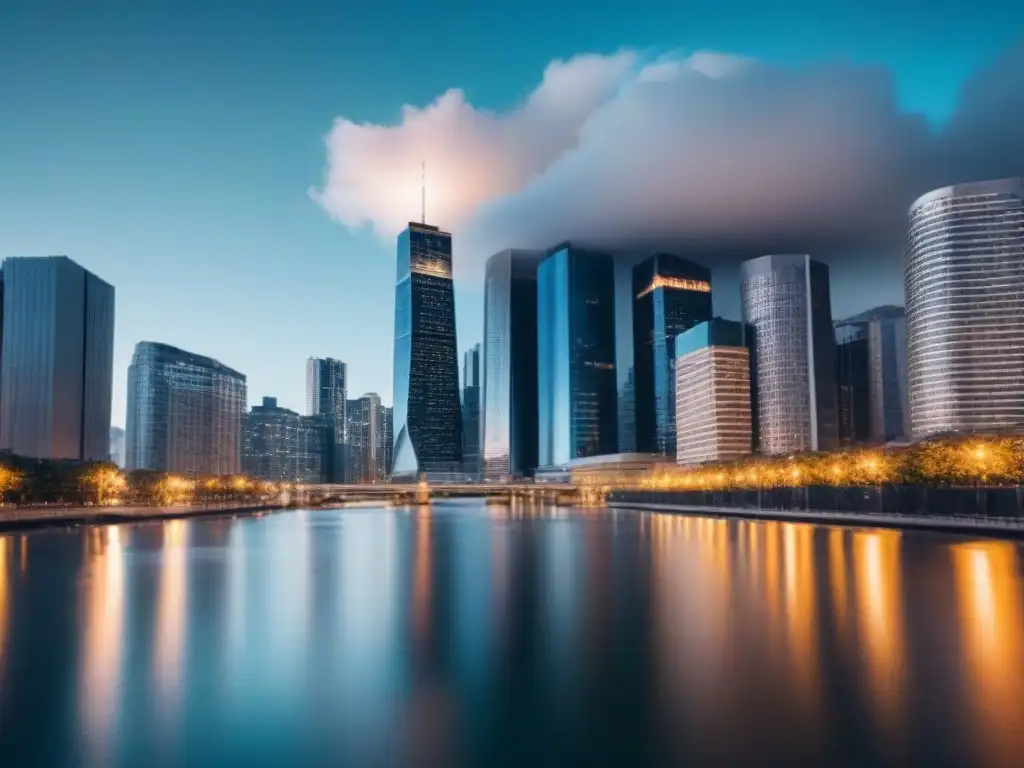 Metrópolis nocturna: resiliencia financiera en crisis Vista nocturna de la ciudad durante crisis, con rascacielos iluminados reflejados en un río tranquilo