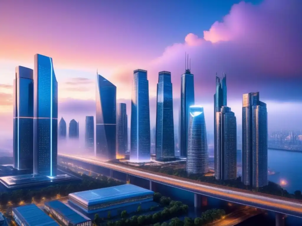Metrópolis futurista: inteligencia artificial y real estate Vista nocturna de una ciudad futurista con rascacielos iluminados, autos voladores y pantallas holográficas mostrando datos inmobiliarios