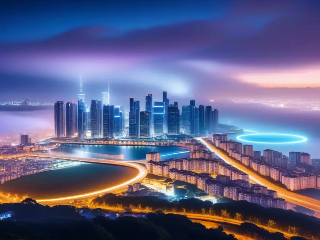 Ciudad futurista iluminada por blockchain Vista nocturna de ciudad futurista con luces neón y patrones de blockchain, integrando seguridad transacciones inmobiliarias blockchain