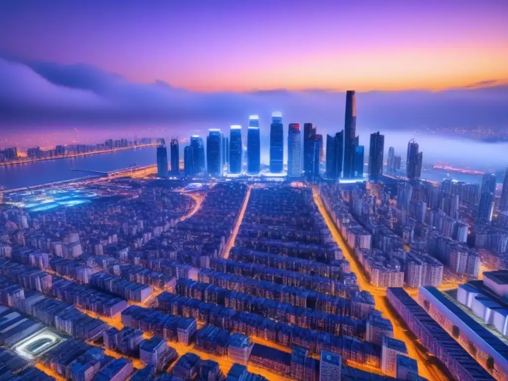 Metrópolis futurista: IA en valoración inmobiliaria Vista nocturna de ciudad futurista con luces neón, rascacielos y drones AI, integrando IA en tasaciones inmobiliarias para inversores