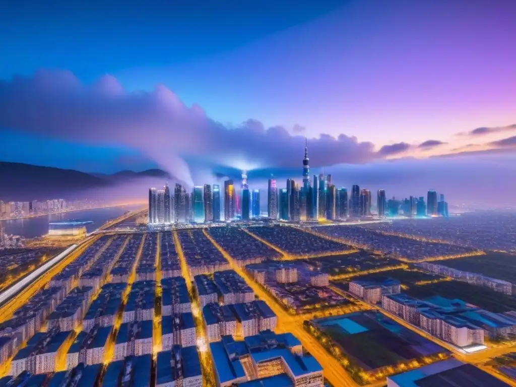 Realidad virtual: drones AI evaluando propiedades Vista nocturna de ciudad futurista con drones IA en tasaciones inmobiliarias para inversores