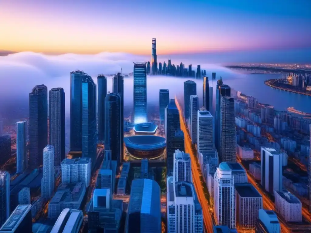 Skyline futurista 5G con Proptech Vista nocturna de ciudad futurista con rascacielos iluminados y pantallas digitales 5G mostrando datos inmobiliarios, Beneficios tecnología 5G en Proptech
